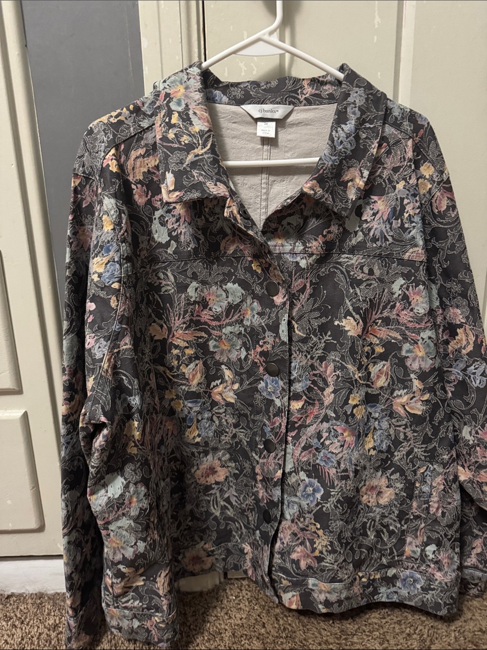 CJ Banks Charcoal Gray Floral Button-Down Jean Jacket